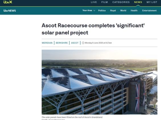 ITV article covering Ortus Energy and SSE Energy Solutions’ Ascot Racecourse rooftop solar installation