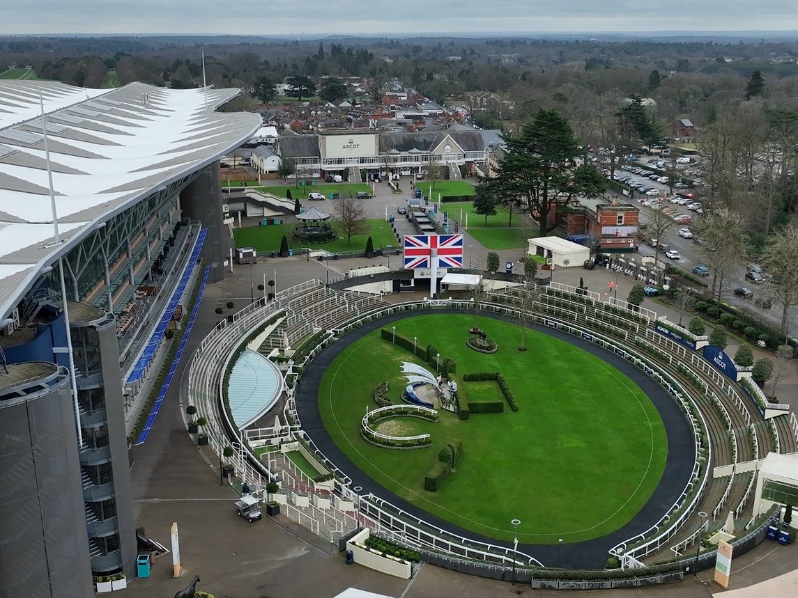Rooftop solar panels installed on the grandstand at Ascot Racecourse for Ortus Energy’s commercial solar project