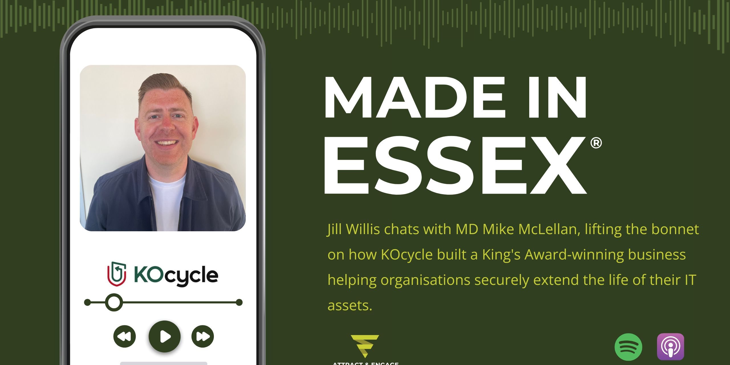 Made in Essex podcast graphic showing KOcycle MD Mike McLellan on a phone screen with the KOcycle logo