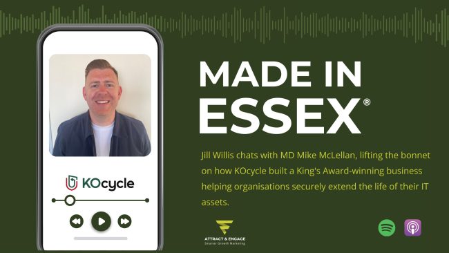 Made in Essex podcast graphic showing KOcycle MD Mike McLellan on a phone screen with the KOcycle logo