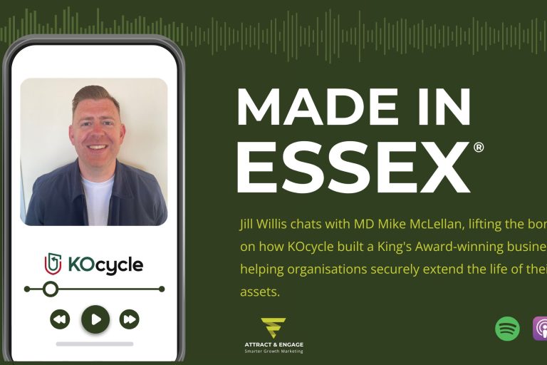Made in Essex podcast graphic showing KOcycle MD Mike McLellan on a phone screen with the KOcycle logo