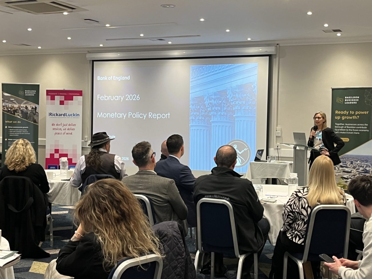 Bank of England economist Lorna Pringle presenting the February 2026 Monetary Policy Report to Basildon Business Leaders