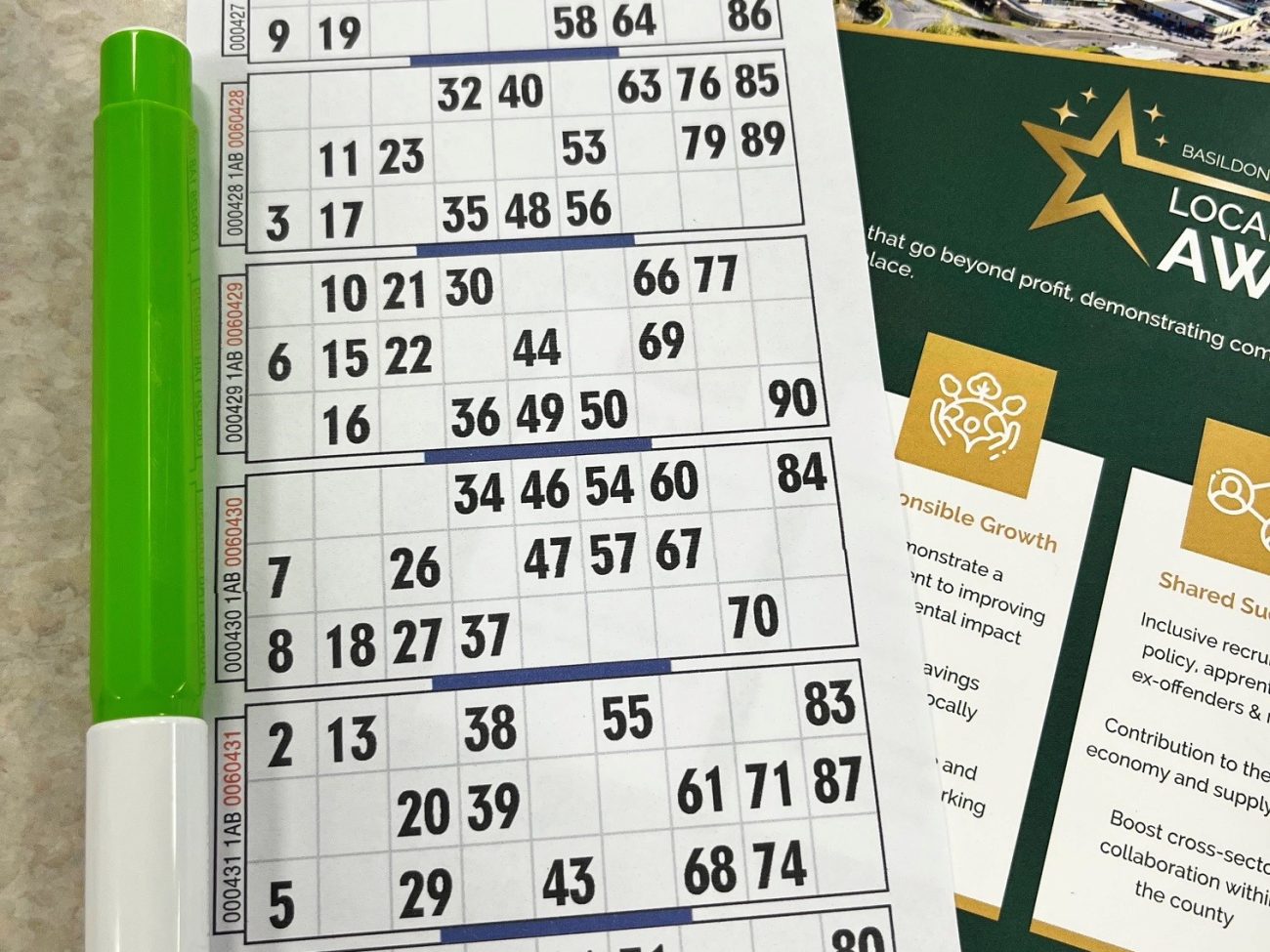 Bingo card at Basildon Business Leaders at breakfast briefing at Buzz Bingo Basildon